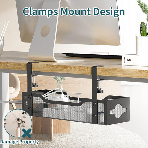 Under Desk Cable Management Tray 2 Pack, No Drill Desk Cable Organizer with Clamp for Standing Desk Wire Management