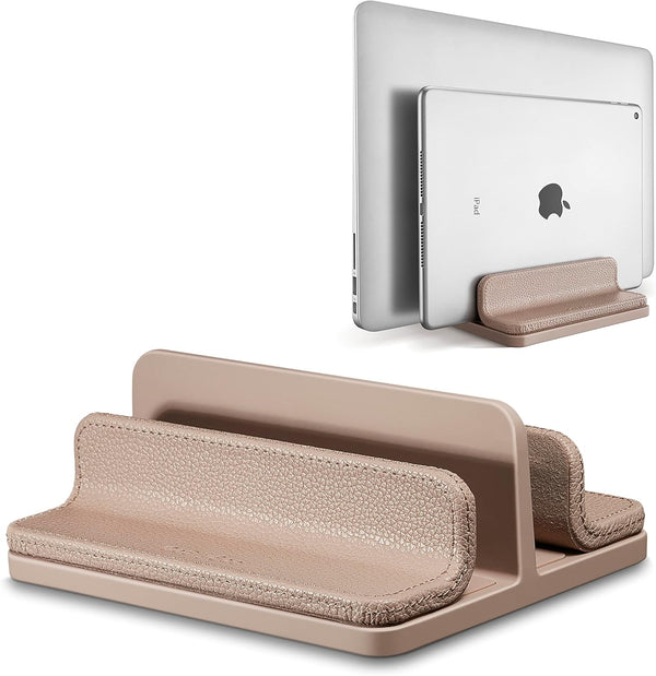 Leather Vertical Laptop Stand, Dual Laptop Holder Organizer with Adjustable Dock for All