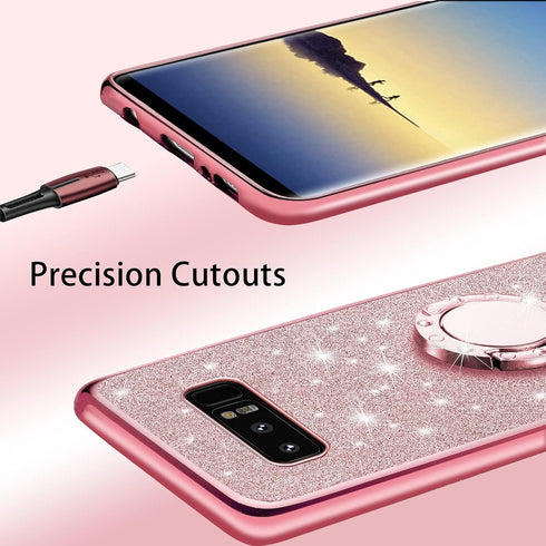Cute Bling Glitter Phone Case for Samsung Galaxy Note 8, Shockproof 2-Layer Protective Cover with Ring Stand & Lanyard