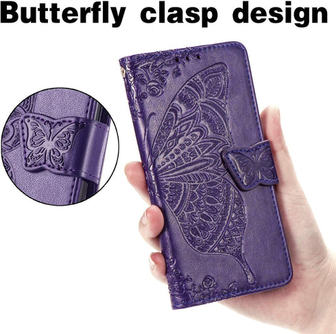 PU Leather Wallet Flip Phone Case with Wrist Strap, Card Slots Holder, Emboss Butterfly Flower Stand Case for Samsung