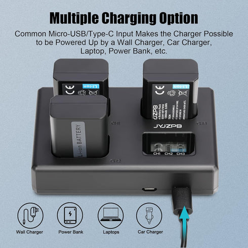 JYJZPB NP-FW50 Battery 3-Pack with Upgraded Triple Slot LCD Charger, Compatible for Sony ZV-E10, Alpha A6000 Series