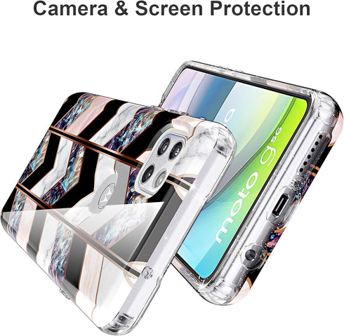 BAISRKE for Moto G 5G Case, Motorola One 5G Ace Shiny Rose Gold Wave Geometric Marble Shockproof Cover