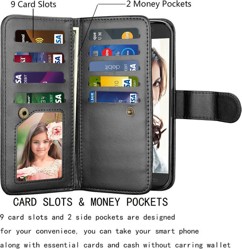 Njjex Wallet Case for Galaxy S7, Luxury PU Leather with 9 Card Slots, Detachable Kickstand, Magnetic Closure (Black)