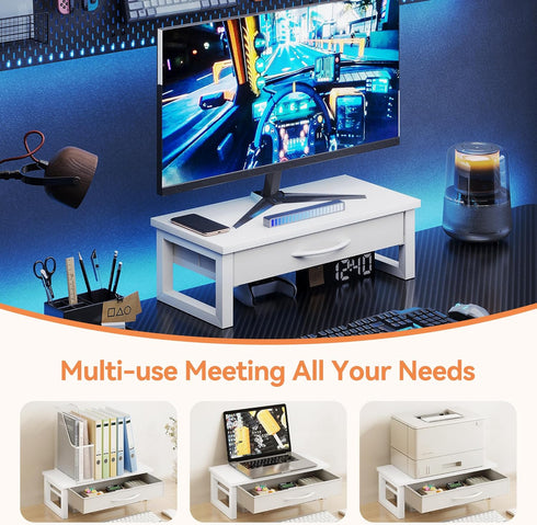 HEWORLIF Desk Organizers and Accessories, Computer Monitor Stand Riser with Drawer, White Laptop Stand for Desk