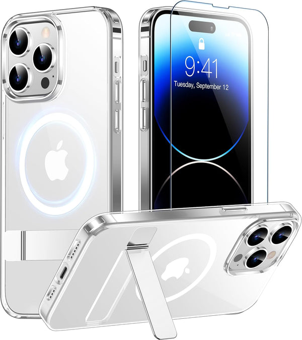 Temdan Clear Magnetic Case for iPhone 14 Pro 6.1" - Military Drop Protection, Shockproof, Built-in Kickstand, Not
