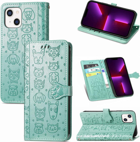 CCSmall PU Leather Flip Wallet Case for iPhone 14 Plus, Cute Cat Dog Cartoon Style with ID Card Holder
