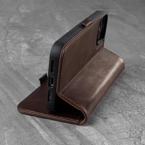 TORRO Dark Brown Premium Leather Wallet Case for iPhone 13 with Kickstand and Card Slots