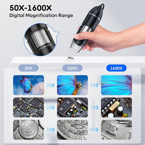 USB Digital Microscope, 50x-1600x Magnification Handheld, 1440P HD with 8 LED Lights, Portable for iOS and Android
