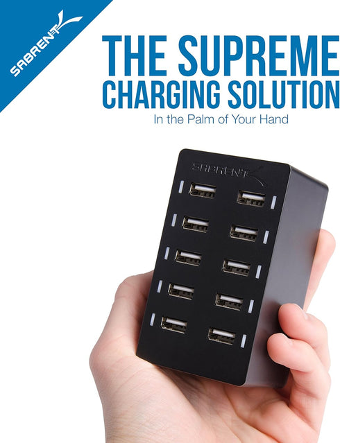 SABRENT 60 Watt 10-Port Family-Sized Desktop USB Rapid Charger, 6 Micro USB Cables, Black