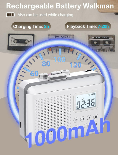 Gracioso Portable Cassette Player Recorder Converter, Cassette to MP3 via SD Card, Walkman with Rechargeable Battery,