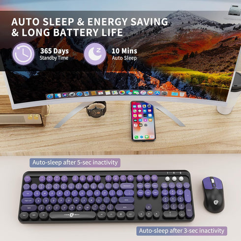 FOPETT 2.4G 104 Wireless Keyboard and Mouse Combo - Full-Sized Cute Colorful Mouse and Keyboard with Round Keys Retro