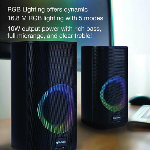 Verbatim RGB Gaming Stereo Desktop Speakers, Bluetooth 5.0, 3.5mm AUX-in Connection, Black