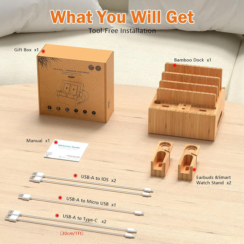 Pezin & Hulin Bamboo Charging Station Organizer for Multiple Devices, Desktop Docking Station with 5 Cables, NO Charger