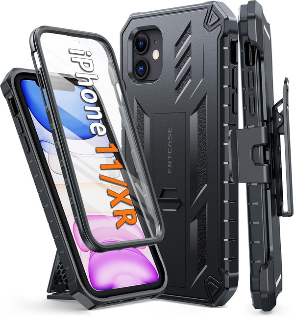 FNTCASE Shockproof Phone Case for iPhone 11 & XR - Military Grade Protection, Kickstand & Holster, 6.1 Inch Black