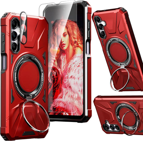 Red Galaxy A15 5G Phone Case: Dual Layer Heavy Duty Protection, Screen Protector, 360° Ring Holder, Camera Lens