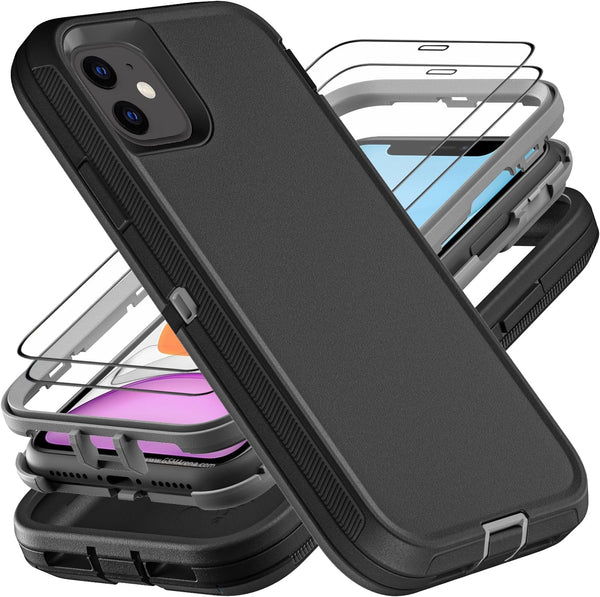 iPhone 11 Case - Heavy Duty 3 in 1 Military Grade Shockproof/Dust Proof with 2 Tempered Glass Protectors (Black/Grey)