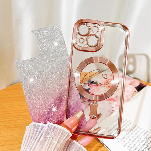 Fiyart iPhone 15 Plus Case, Compatible with MagSafe, Love Heart Plating Design, Magnetic Glitter Shockproof Back