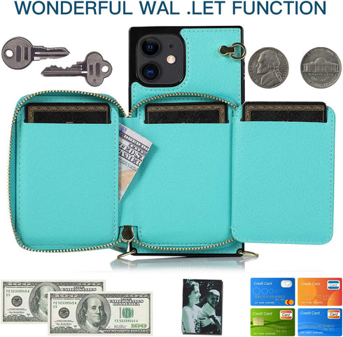Asuwish iPhone 13 Mini Case - Mint Green Wallet Cover with Zipper, Screen Protector & Card Holder Slot, Leather Stand.