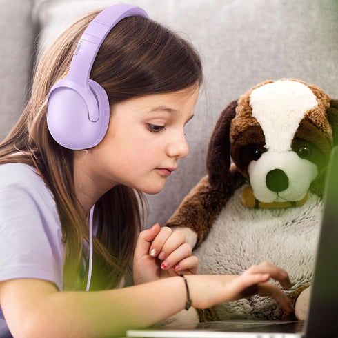 LORELEI E5 Wired Headphones for Kids - Foldable, Tangle-Free Nylon Wire, 3.5mm Jack, Stereo On-Ear, Purple.