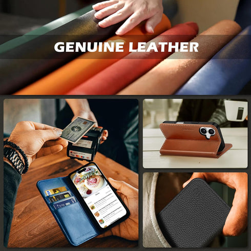 SHIELDON 16 6.1", 16 5G 2024 Wallet Case for iPhone Genuine Leather Folio Magnetic Kickstand RFID Blocking Credit Card