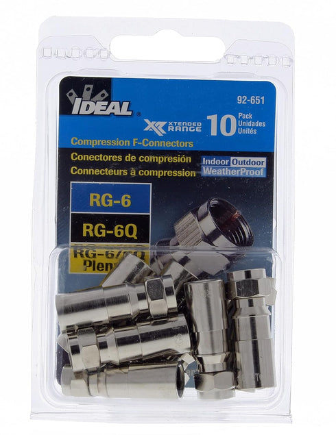 IDEAL Electrical 92-651 RTQ XR RG-6 Reg/Tri/Quad Compression F-Connector, (Card of 10), Silver