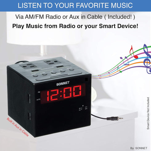 Sonnet Alarm Clock Charging Station, AM FM Radio, Dual USB Charging Ports, Loud Alarm Clock for Heavy Sleepers and