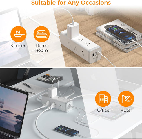 Surge Protector Power Strip 10 FT, TESSAN Ultra Thin Flat Plug with 9 Outlets and 3 USB Ports, Desk Charging Station