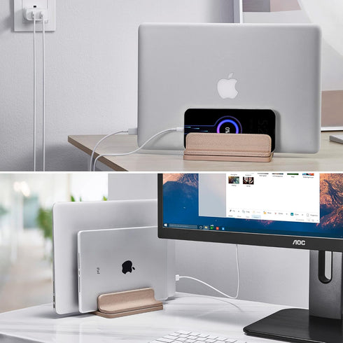 Leather Vertical Laptop Stand, Dual Laptop Holder Organizer with Adjustable Dock for All