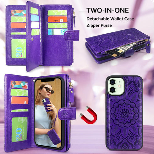 Harryshell Compatible with iPhone 12 / 12 Pro Case - Wallet Detachable Magnetic Zipper Leather with 12 Card Slots