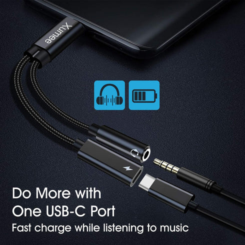 Xumee USB Type C to 3.5mm Headphone and Charger Adapter, 2-in-1 USB C to Aux Audio Jack Hi-Res DAC and Fast Charging