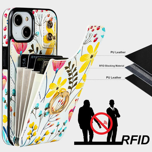 HAOPINSH Wallet Case for iPhone 13/14 with Card Holder, 360° Rotation Ring Kickstand, RFID Blocking Leather for Girls