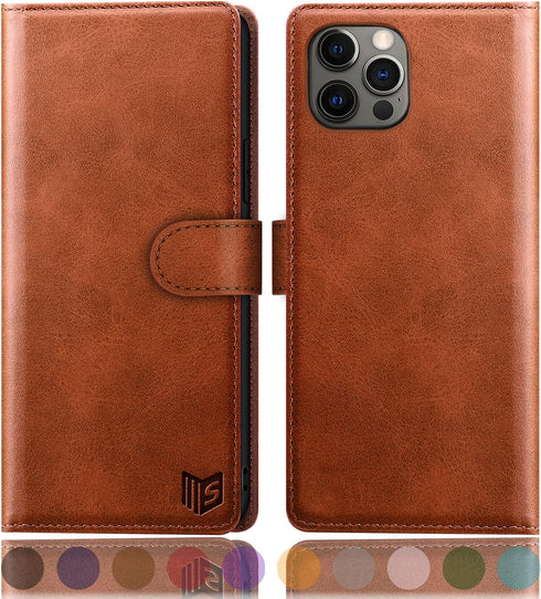 SUANPOT Leather Wallet Case for iPhone 12/12 Pro, RFID Blocking, Card Holder, Shockproof Flip Cover, Light Brown