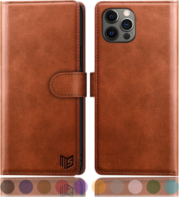 SUANPOT Leather Wallet Case for iPhone 12/12 Pro, RFID Blocking, Card Holder, Shockproof Flip Cover, Light Brown