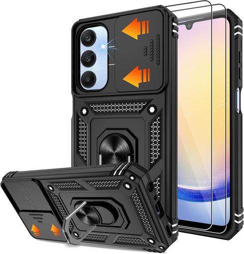 Samsung Galaxy A25 5G Case with Slide Camera Cover & Screen Protector*2, 360° Rotating Ring Kickstand, Military Grade