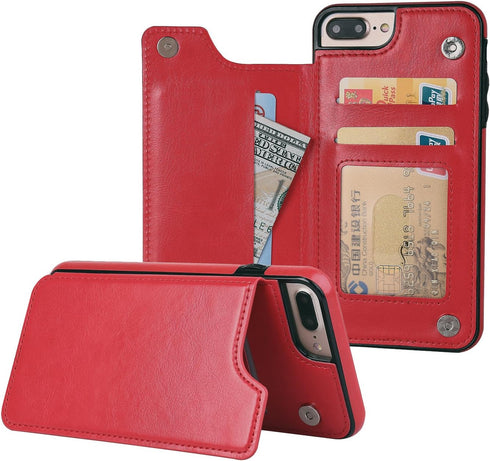 OT ONETOP Wallet Case for iPhone 7 Plus/8 Plus, PU Leather Kickstand with Card Holder, Red