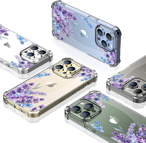 iPhone 13 Pro Max Case with Screen Protector, Floral Clear Shockproof Soft TPU Bumper Cover 6.7 Inch (Lavender/Purple)
