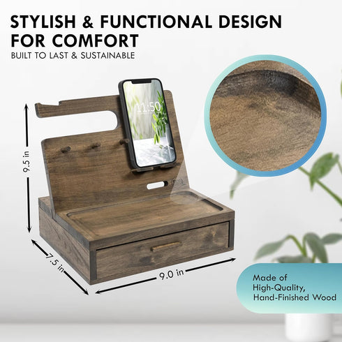Nightstand Organizer, Rustic Bedside Organizer for Cellphone & Accessories, Unique Birthday Gifts for Men