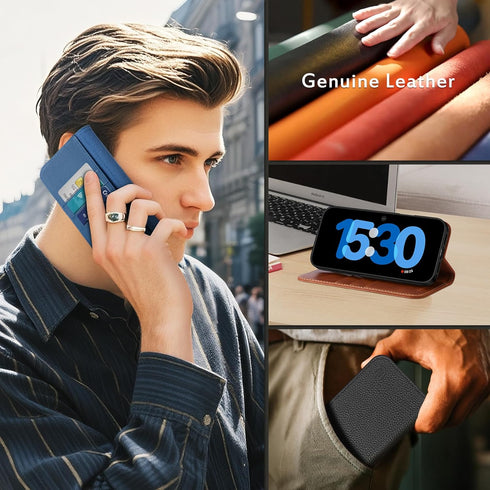 SHIELDON 17 5G 6.3-inch 2025 Case Wallet for iPhone | Genuine Leather | Flip Magnetic Closure | RFID Blocking Credit