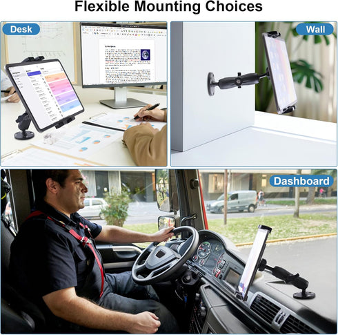 Industrial Tablet Mount for Truck & Vehicle, Heavy Duty Drill Base iPad Holder, Adjustable Aluminum Arm for 4.7"-12.9"