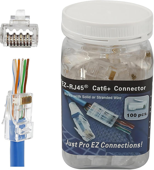 PETECHTOOL 100-Pack RJ45 CAT6A CAT6 Pass Through Connectors 23AWG Cables-End Bold UTP Ethernet Modular Plug.