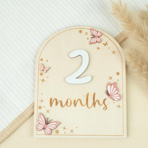 Monthly Baby Milestone Wooden Circle Sign, Newborn Gift for Girl and Boy, 1-12 Months (Butterfly)