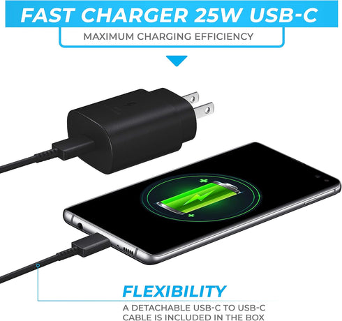 25W Fast Charger & Type C Cable Compatible for Samsung Galaxy S20 / S21 / S21+ / S21 Ultra S10, S9, Note 20, 10, 8, 9, iPad Pro 12.9/11, Google Pixel 4 XL Charging Set Up to%80 Charging
