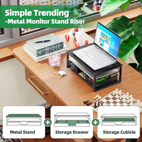 Simple Trending Metal Monitor Stand Riser with Drawer for Laptop, Computer, iMac, Black