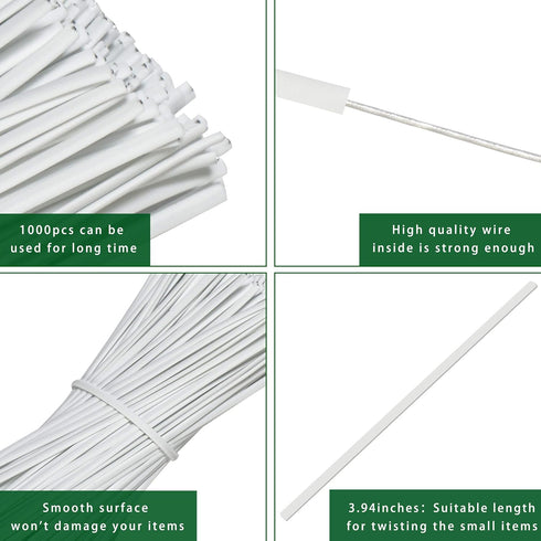 SumDirect 1000pcs 4 Inch Twist Ties, Reusable White Plastic Coated Cable Wire Ties for Bags, Bread, Household and Office