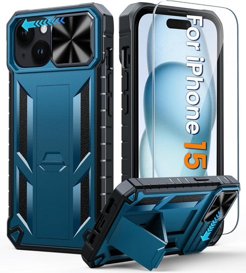 FNTCASE iPhone 15 Heavy Duty Phone Case: Military Grade, Dropproof, Kickstand, Textured Bumper, Rugged Protector (Blue)