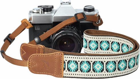 Padwa Lifestyle Camera Strap - 1.5" Crazy Horse Cowhide Head Cotton Strap, Vintage Embroidery for Cameras