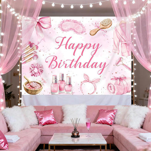 Bcuuipo 7x5ft Spa Party Happy Birthday Backdrop Pink Beauty Makeup Slumber Pajama Sleepover Background for Girls