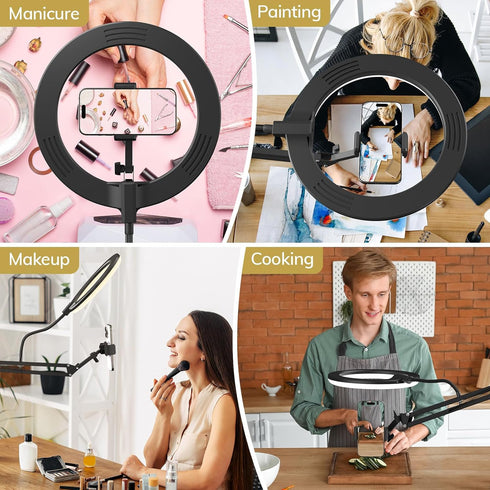 TONOR Overhead Ring Light Kit, 10" Ringlight with Heavy Duty Boom Arm and Phone Holder