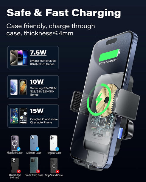 1Zero Auto Clamping Wireless Car Charger Sturdy Cup Holder Phone Mount 15W Fast Charging for iPhone 15 Pro Max Plus 14