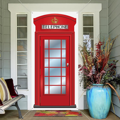 English Phone Booth Door Cover, Large Fabric Red Telephone Box Decor Banner for Photo Backdrop, 78.7 x 35.4 Inch